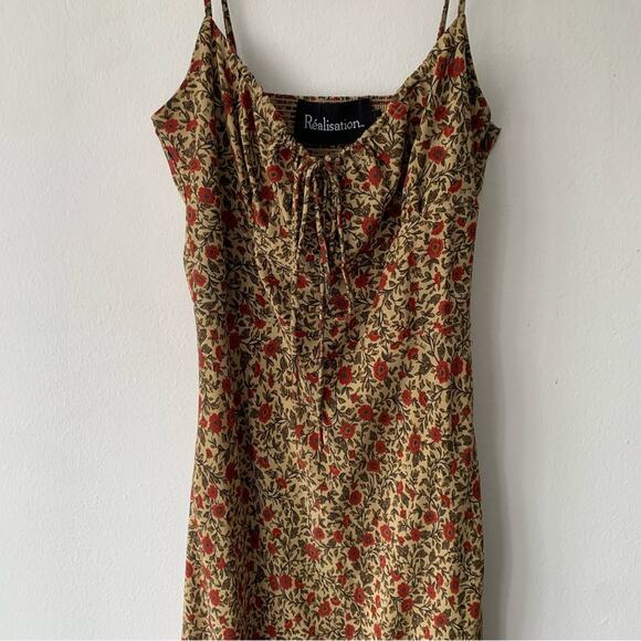 Realisation Alba Silk Floral Spaghetti Strap Midi Slip Dress Dahlia Tan - Picture 8 of 13